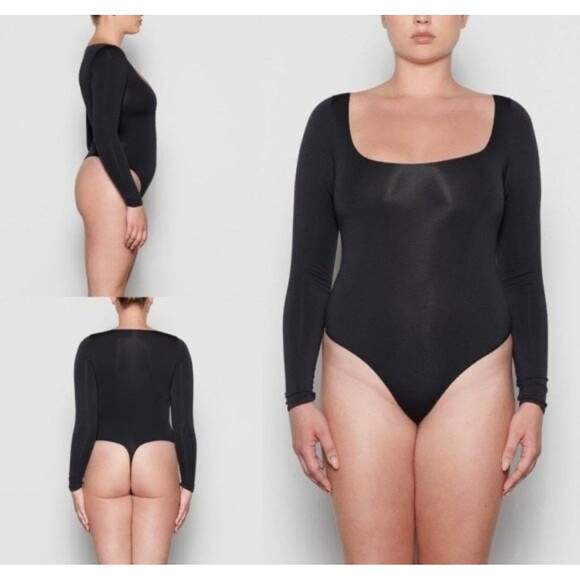 Skims Women's Essential Long Sleeve Scoop Neck Bodysuit Top Shirt Sz XXS/XS Onyx - Picture 2 of 5